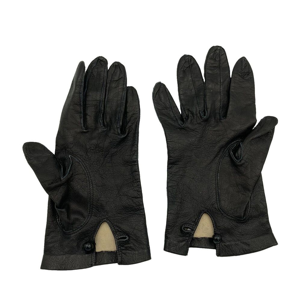 Vintage Black Genuine Leather Gloves Women’s Size 6 1/2 Unlined Button Closure
